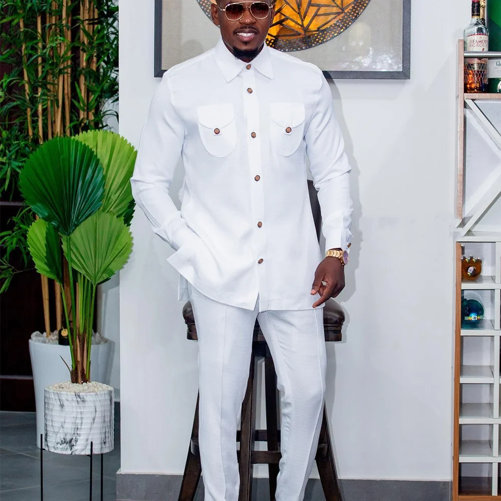 Color: Pink, Size: S - 2025 New men's suit, white pocket, 2-piece set, luxury wedding casual suit, traditional African style of ethnic minorities