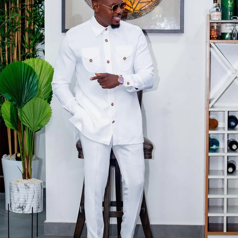 Color: Pink, Size: S - 2025 New men's suit, white pocket, 2-piece set, luxury wedding casual suit, traditional African style of ethnic minorities