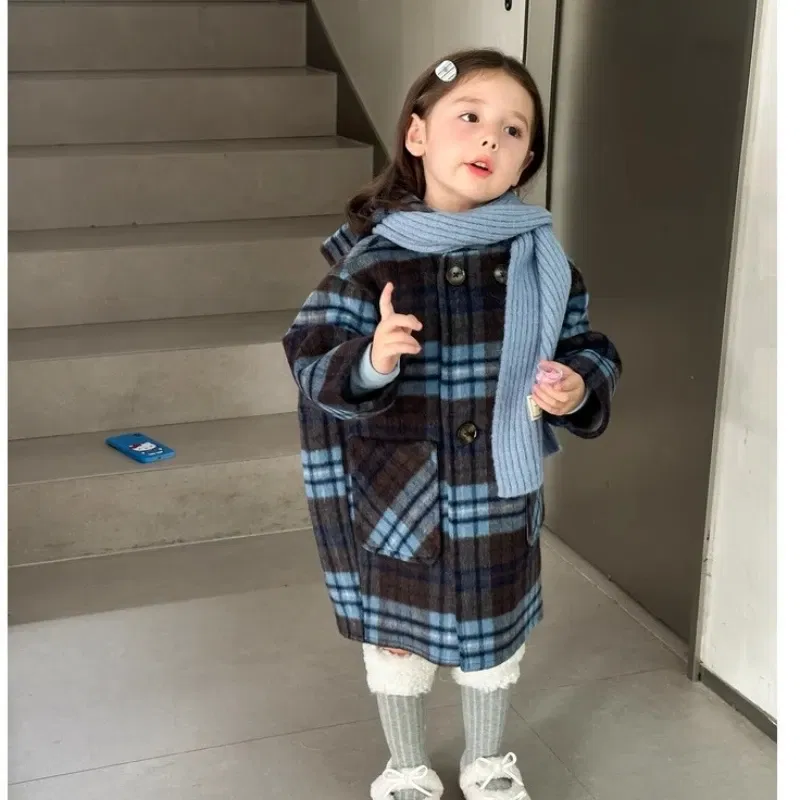 Color: Blue, Kid Size: 7T - Children's Coats Plaid Printed Woolen Padded Hooded Coat Kids Jackets for Girls Winter Clothes Kids Jacket