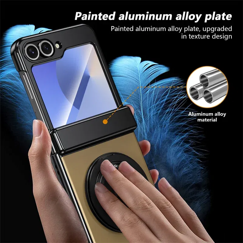 Color: Dark Grey, Material: Cotton - 360?° Magnetic Rotate Holder Ring Phone Case For Samsung Galaxy Z Flip 6 5 4 Flip6 Flip5 Flip4 Flip3 Hard Shell Protection Cover