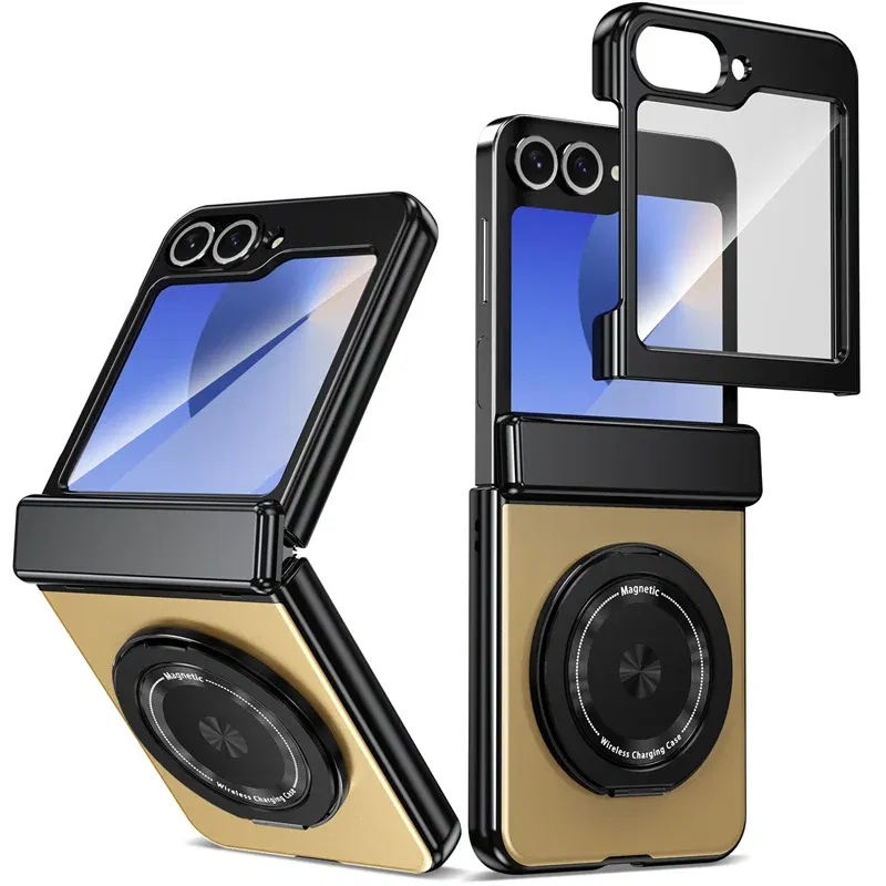 Color: Dark Grey, Material: Cotton - 360?° Magnetic Rotate Holder Ring Phone Case For Samsung Galaxy Z Flip 6 5 4 Flip6 Flip5 Flip4 Flip3 Hard Shell Protection Cover