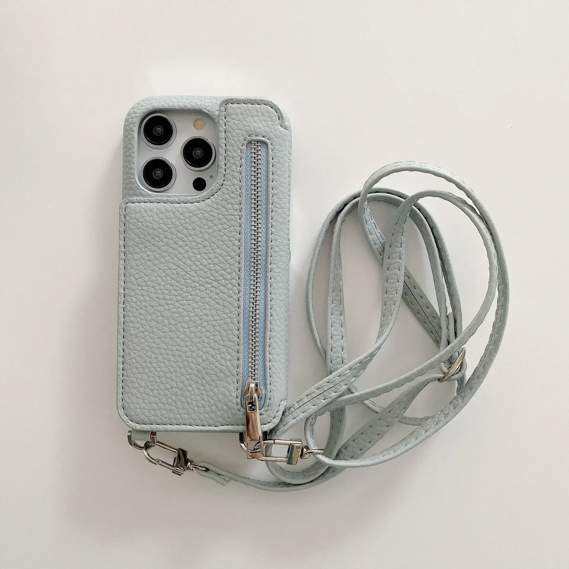 Material: PC, Color: Blue - Zipper Wallet Makeup Mirror Crossbody Lanyard Case For iPhone 16 15 14 Pro Max 13 12 11 XR XS 7 8 Plus Card Slot Leather Cover