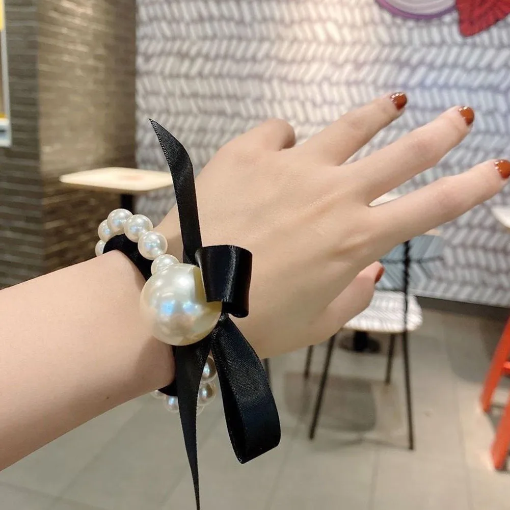 Color: Orange - 2022 Fashion Woman Big Pearl Hair Ties Korean Style Hairband Scrunchies Girls Ponytail Holders Rubber Band Hair Accessories