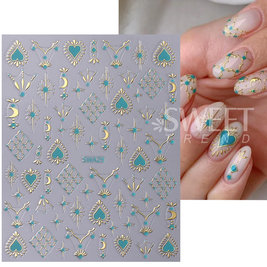 Color: black - Metallic Bohemian Style Nail Sticker Gold Silver Lace Lines Green Gem Love Heart 3D Holographic Manicure Sliders Nail Decoration