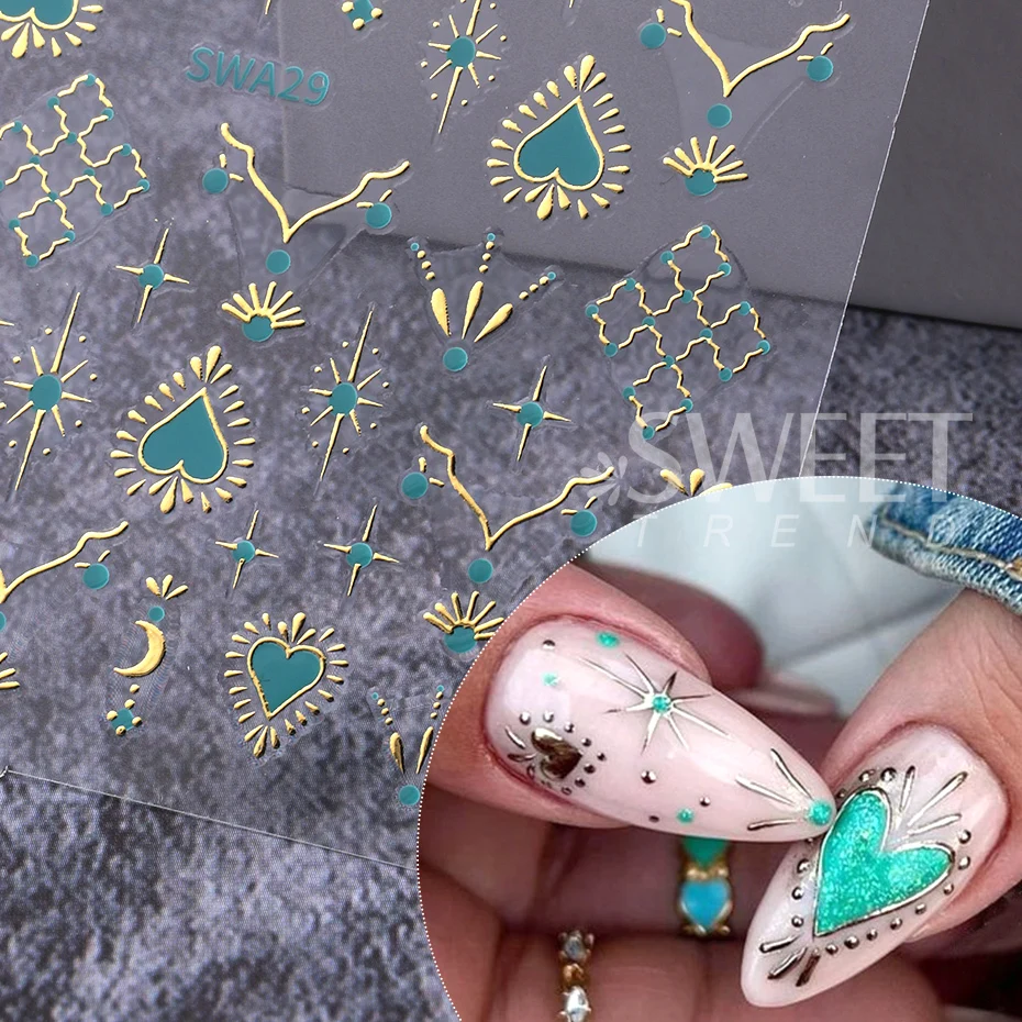 Color: black - Metallic Bohemian Style Nail Sticker Gold Silver Lace Lines Green Gem Love Heart 3D Holographic Manicure Sliders Nail Decoration