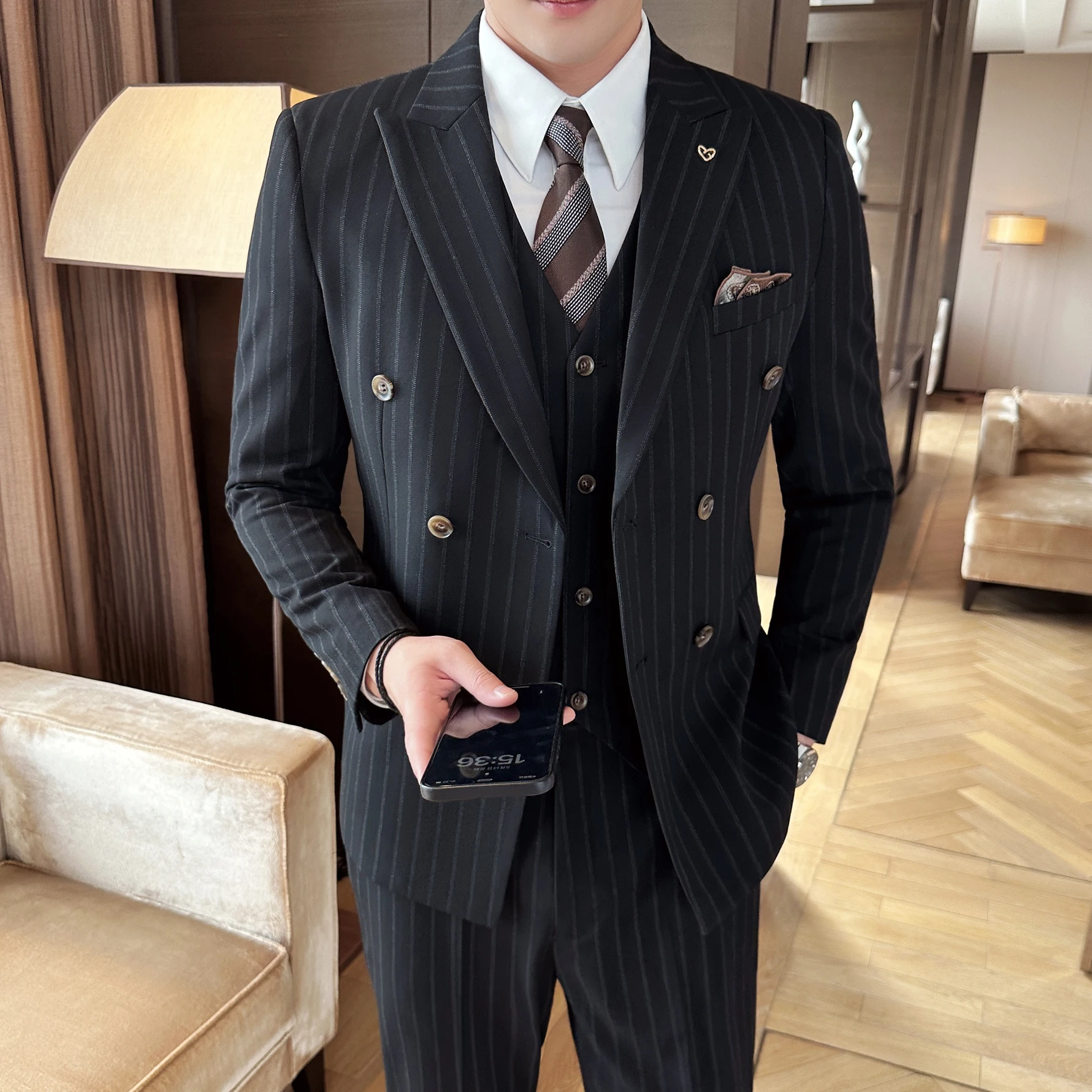 Color: Beige, Size: XXXL - 2025 Korean-Style British High-Quality Autumn Winter Three-Piece Suit Set Fashionable Cool Versatile Striped Men's Clothing