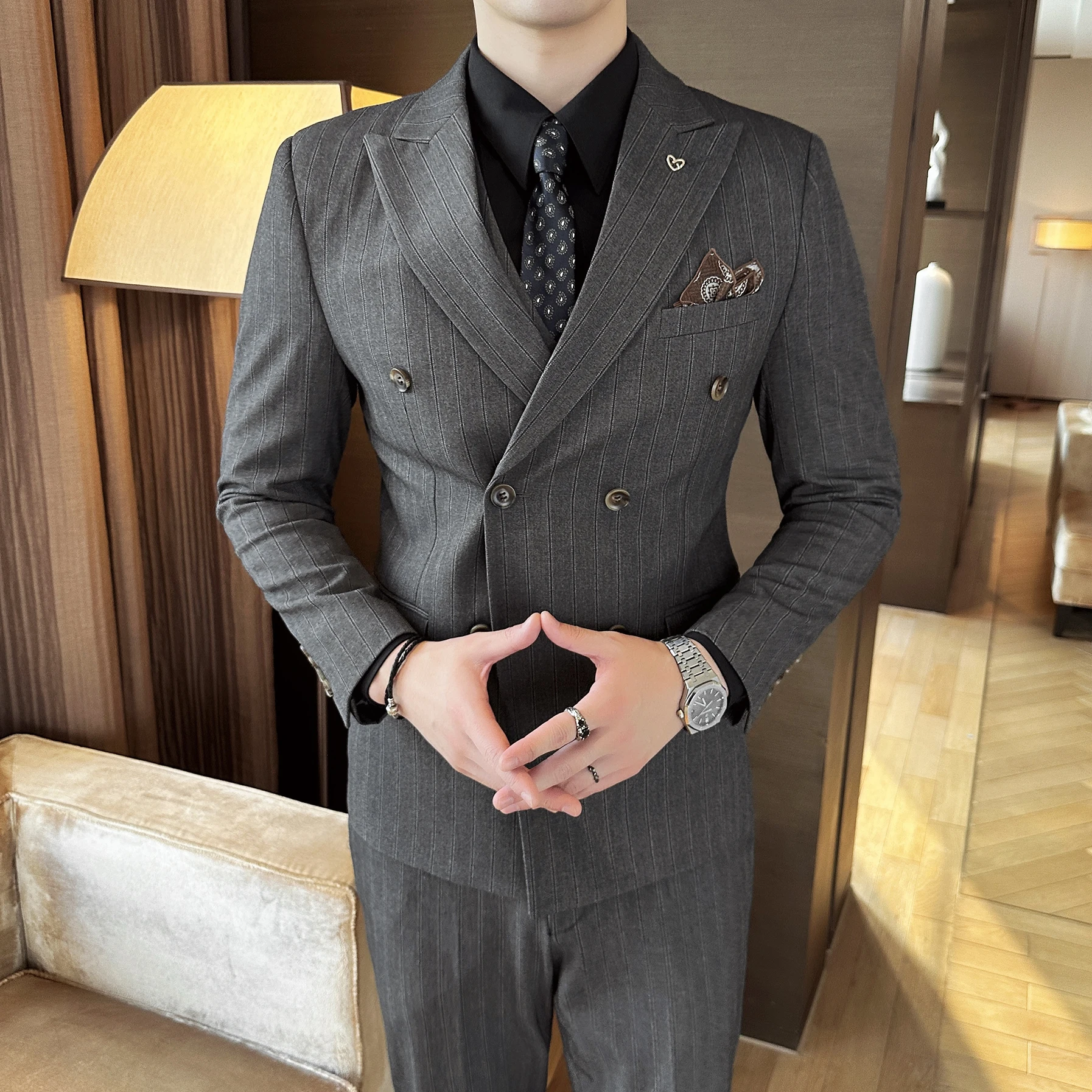 Color: Beige, Size: XXXL - 2025 Korean-Style British High-Quality Autumn Winter Three-Piece Suit Set Fashionable Cool Versatile Striped Men's Clothing