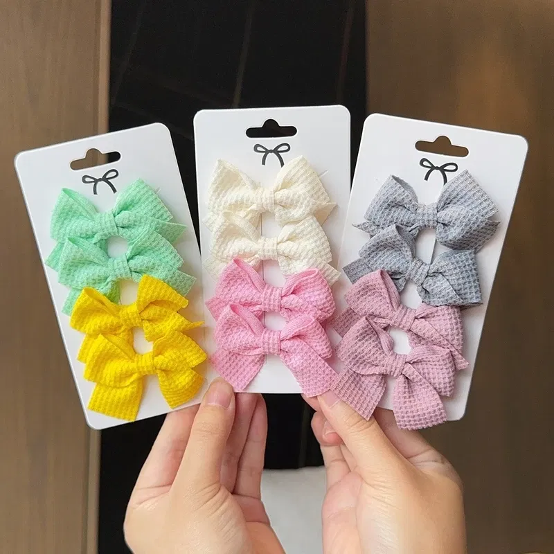 Color: Ginger - 4PCS Soft Cotton Bow Hairpin Girl Sweet Plaid Design Hairpin Color Block Delicate Hairgripe Barrettes Kawaii Child Accessories