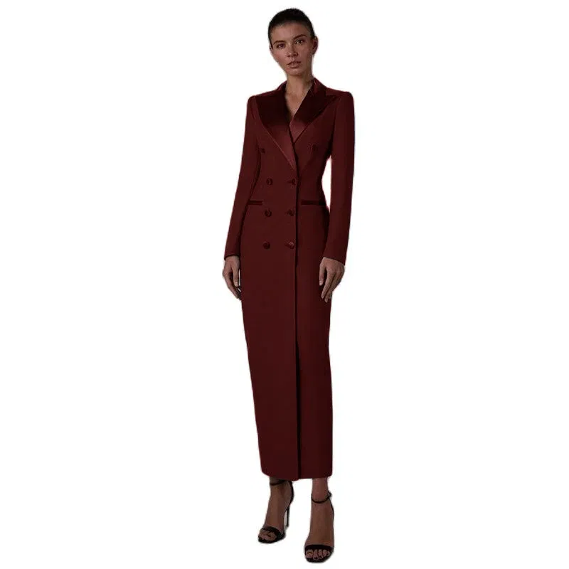 Color: WHITE, Size: L - Women's Suit Long Jacket One Piece Blazer Double Breasted Formal Tuxedo Party Dress кос?‚юм ?¶?µнский