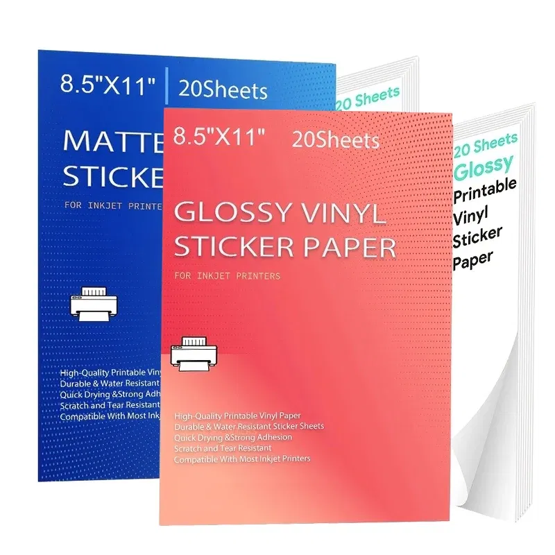 Color: WHITE - Printable Vinyl Sticker Paper for Inkjet laser Printer Glossy White Matte 20 Self-Adhesive Sheets Waterproof Decal Paper 8.5x11'