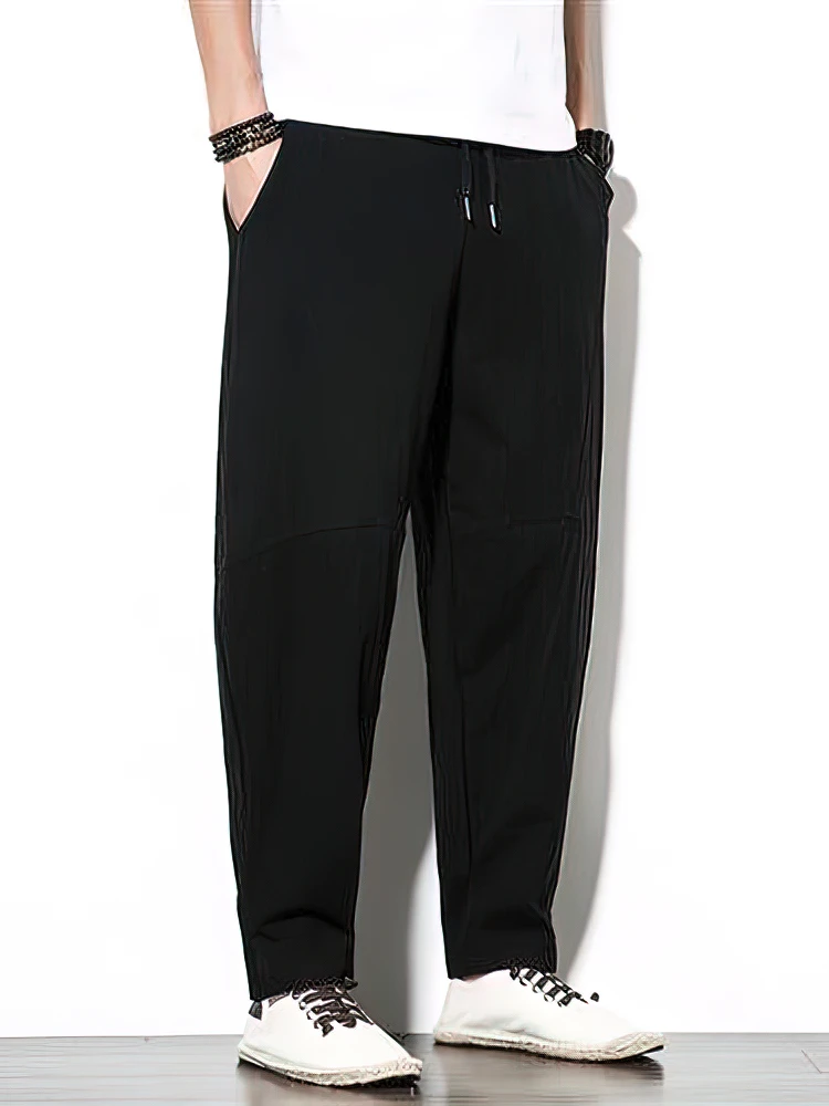 Color: black, Size: 5XL - 100% Cotton Linen Pants Men Baggy Casual Trousers Male Walking Wide leg Loose Sweatpants Chinese Summer Jogger Pants 2025 New