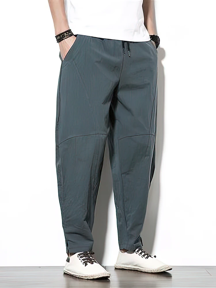 Color: black, Size: 5XL - 100% Cotton Linen Pants Men Baggy Casual Trousers Male Walking Wide leg Loose Sweatpants Chinese Summer Jogger Pants 2025 New