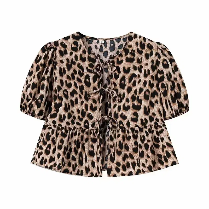 Color: WHITE, Size: XS - HXAO Woman 2024 Blouse Puff Sleeve Cropped White Blouse For Women Pleated Cut Out Black Blouse With Tied Leopard Print Top