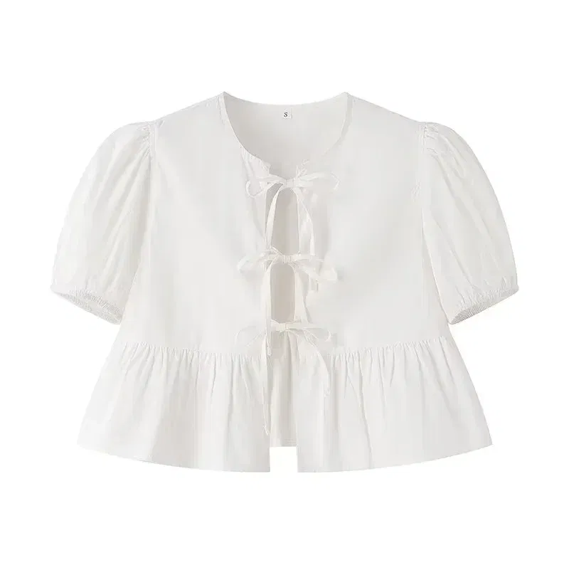 Color: WHITE, Size: XS - HXAO Woman 2024 Blouse Puff Sleeve Cropped White Blouse For Women Pleated Cut Out Black Blouse With Tied Leopard Print Top