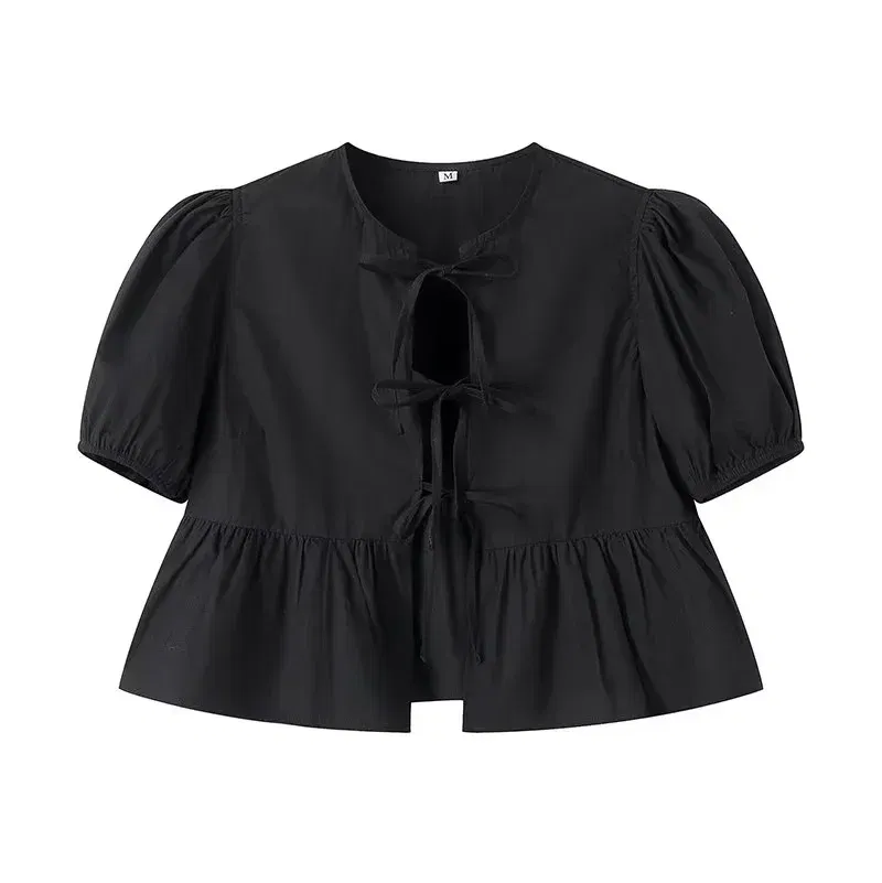 Color: WHITE, Size: XS - HXAO Woman 2024 Blouse Puff Sleeve Cropped White Blouse For Women Pleated Cut Out Black Blouse With Tied Leopard Print Top