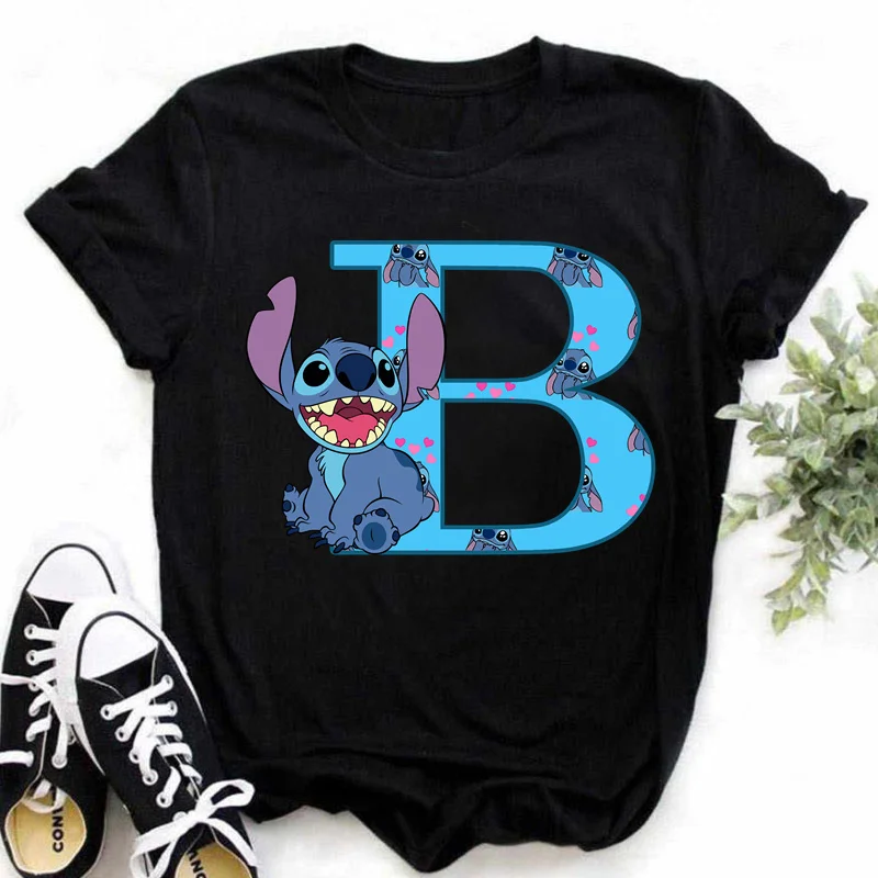 Color: Beige, Size: XL - Disney Lilo&Stitch A-Z Alphabet Summer Women's Printed T-Shirt Women's Casual Tops T-Shirt Fashion Cartoon Plus Size T-Shirt