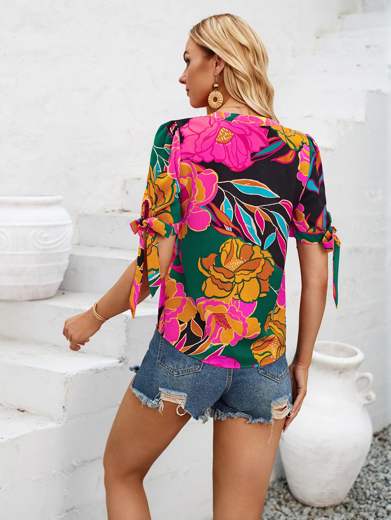 Fashion Printed Casual V-Neck Cuff Bundle Top