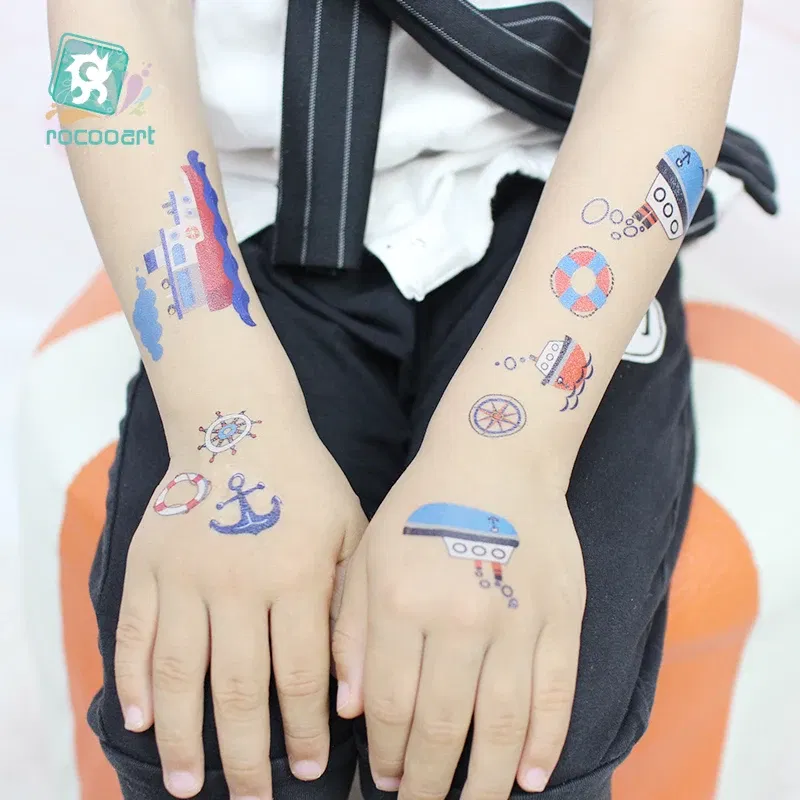 Color: Pink - 1Sheets Vehicle Temporary Tattoo Small Cars Helicopter Train Steamship Hot Air Balloon Kid  Waterproof  Fake Tattoo Sticker