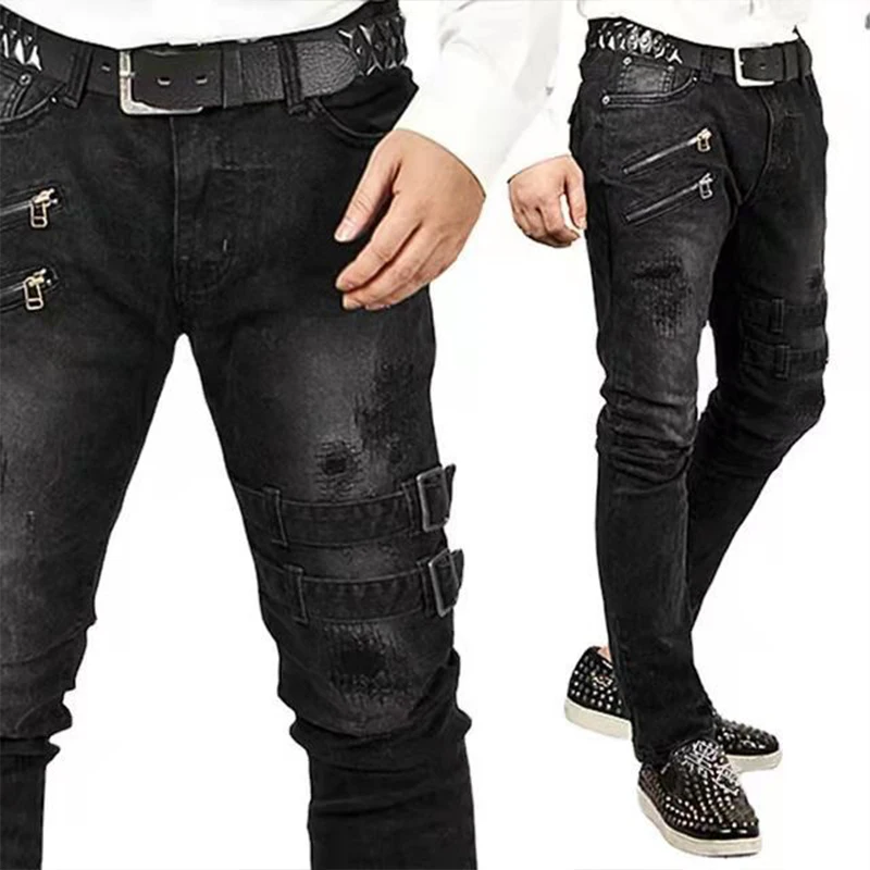 Color: Blue, Size: XL, Ships From: CHINA - Men's Punk Hip Hop Black Fashion Jeans Spring summer New Rock Motorcycle Street Wear Tight Casual Denim pants Straight leg pants