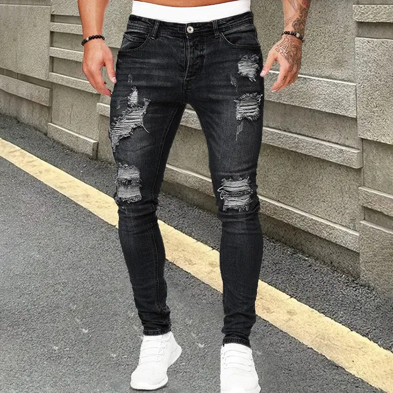 Color: Blue, Size: XL, Ships From: CHINA - Men's Punk Hip Hop Black Fashion Jeans Spring summer New Rock Motorcycle Street Wear Tight Casual Denim pants Straight leg pants