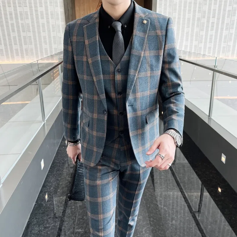 Color: black, Size: 5XL - High-quality British men's fashionable and stylish checkered casual suit set for autumn, a casual and fitted suit set of three