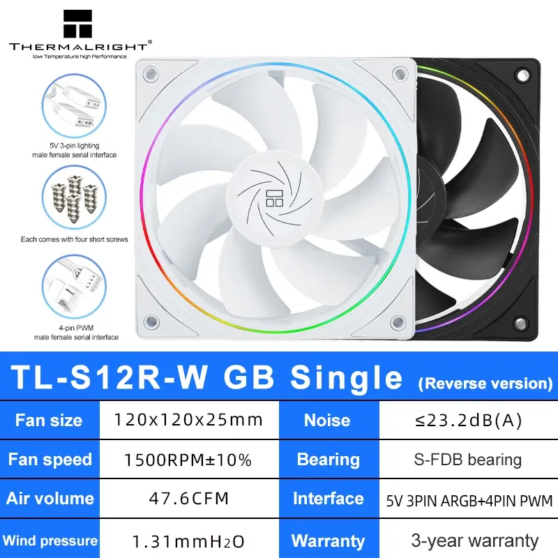Color: Green, Blade Color: Other, RGB Support: A-RGB - Thermalright TL-S12R-W Case Fan 120mm HALO Reverse CPU Cooling Fan CPU Air Cooler TL-S12 5V 3PIN ARGB Aperture Chassis Fan