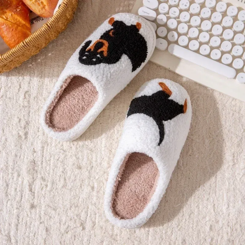 Color: Beige, Shoe Size: 36-37 - Pet Pattern Dachshund Embroidery Stuffed Home Thick Sole Plaid Furry Cotton Slippers Warm Non-slip Indoor Slippers Pet Mom Gift