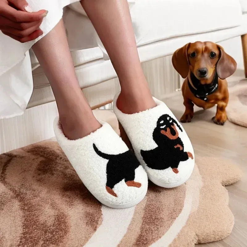 Color: Beige, Shoe Size: 36-37 - Pet Pattern Dachshund Embroidery Stuffed Home Thick Sole Plaid Furry Cotton Slippers Warm Non-slip Indoor Slippers Pet Mom Gift
