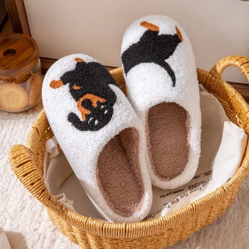 Color: Beige, Shoe Size: 36-37 - Pet Pattern Dachshund Embroidery Stuffed Home Thick Sole Plaid Furry Cotton Slippers Warm Non-slip Indoor Slippers Pet Mom Gift
