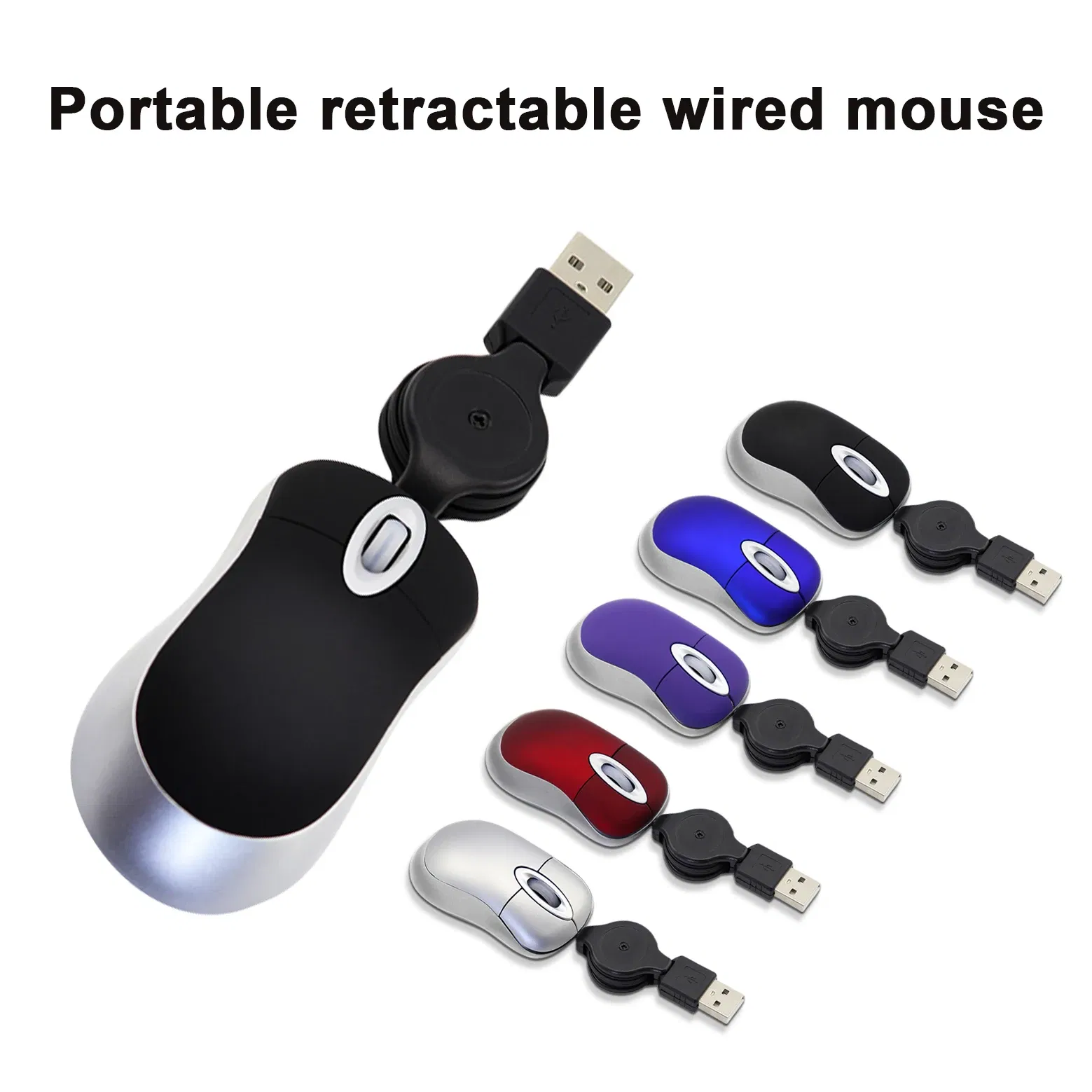 Color: Silver - Mini Portable Wired Mouse Retractable USB Cable Ergonomic Mause Anti Winding Office Computer Mice Retractable Adjustable Mice
