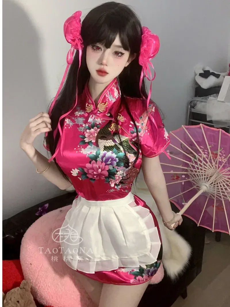 Size: S, Color: Beige - Sweet Chinese Cheongsam New Soft Girl Maid Cos Dress Elegant Pure Desire Girl Fashion Mini Dress Short Sleeve 2024 New 7AQF