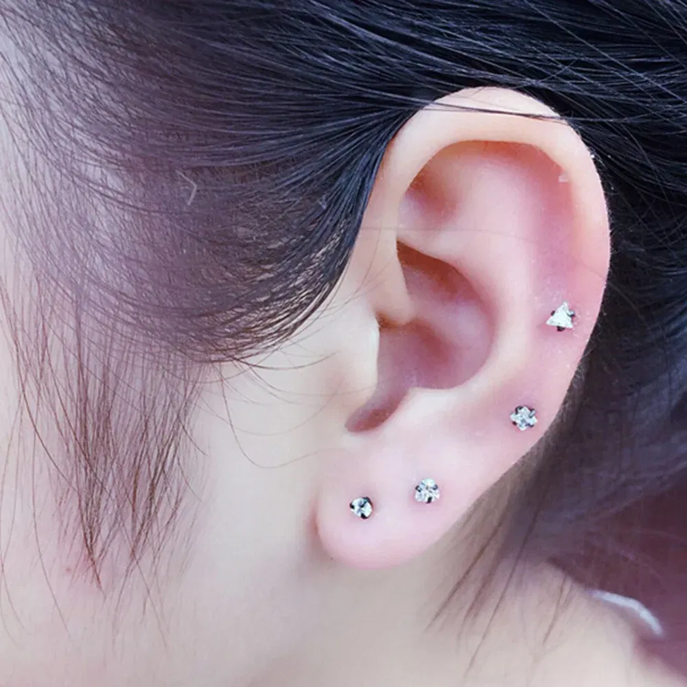 Metal Color: Gold-color, Main Stone Color: WHITE - 1Pc Small Round Cz Tragus Cartilage Titanium Steel 16G 4 Prong Ear Stud Earrings Tragus Helix Piercing Jewelry Sexy Body Jewelry