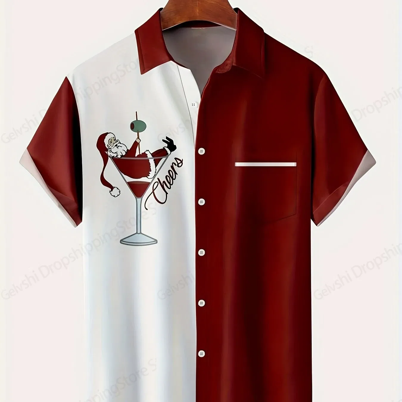 Color: Khaki, Size: L - Men's Retro Christmas Hawaiian Shirt Men Women Fashion Cartoon Santa Claus Shirts Short Sleeve Blouse Festive Holiday Top Elk