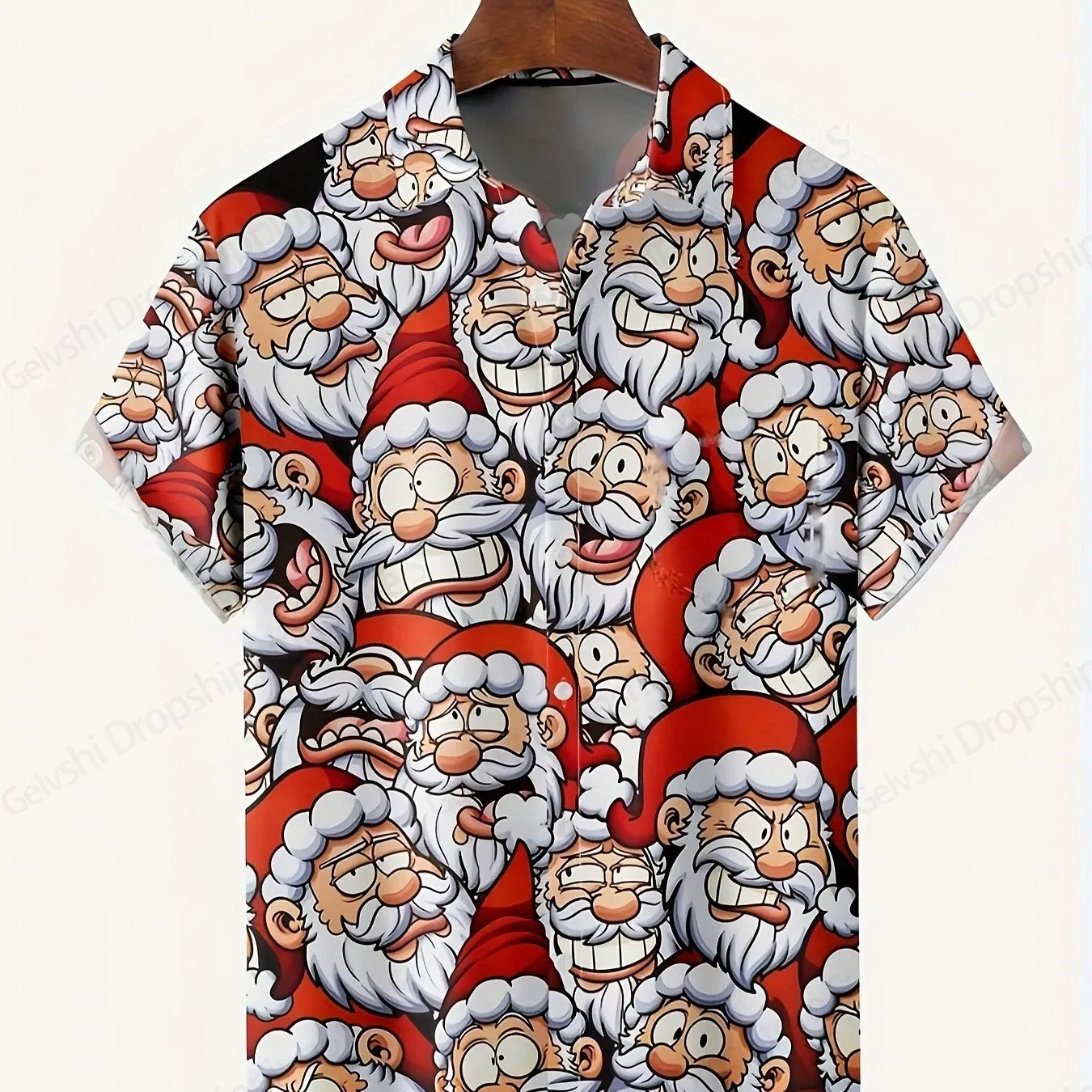 Color: Khaki, Size: L - Men's Retro Christmas Hawaiian Shirt Men Women Fashion Cartoon Santa Claus Shirts Short Sleeve Blouse Festive Holiday Top Elk