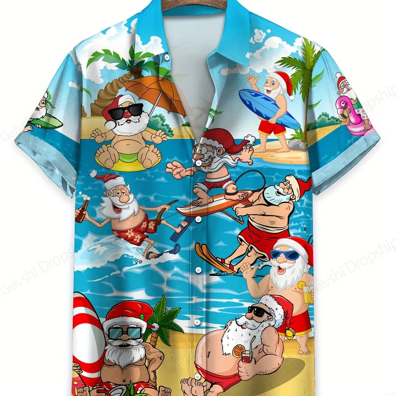 Color: Khaki, Size: L - Men's Retro Christmas Hawaiian Shirt Men Women Fashion Cartoon Santa Claus Shirts Short Sleeve Blouse Festive Holiday Top Elk