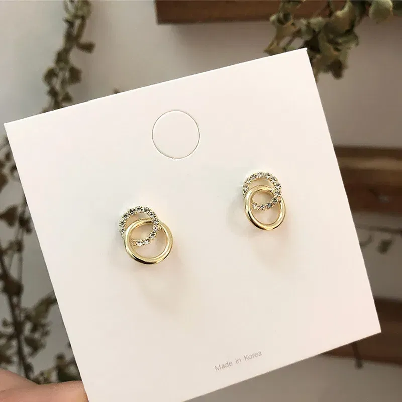 Metal Color: Hot Stamping - 2023 Korean Simple Double Circle Gold Color Metal crystal Stud Earrings For Women Fashion Exquisite Jewelry Best Friend Gifts