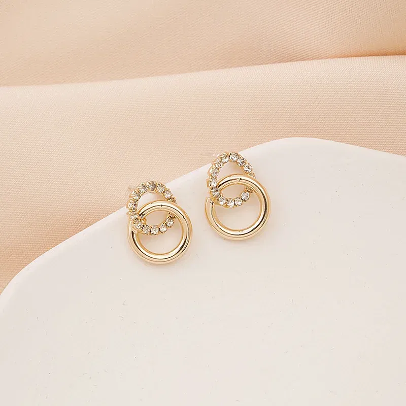 Metal Color: Hot Stamping - 2023 Korean Simple Double Circle Gold Color Metal crystal Stud Earrings For Women Fashion Exquisite Jewelry Best Friend Gifts