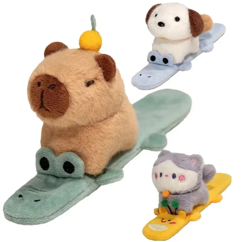 Color: Red, Height: 0-10cm - Capybara Slap Snap Wrap Capibara Plushie Wristband Bracelet Kawaii Cute Dog Cat Plush Toy Hand Ring Creative Funny Gift