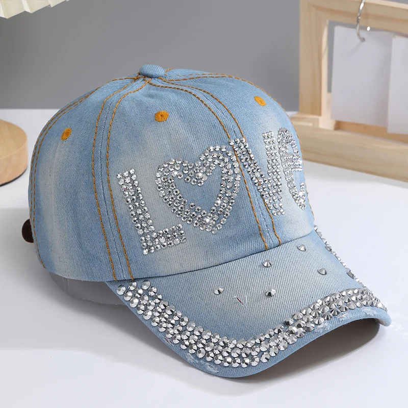 Color: DEEP BLUE, Size: Adjustable - A Women?™s Sparkle Bling Rhinestone Bejeweled Cotton Denim Baseball Cap