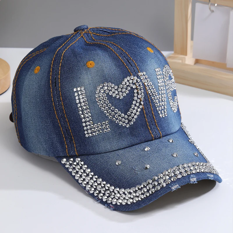 Color: DEEP BLUE, Size: Adjustable - A Women?™s Sparkle Bling Rhinestone Bejeweled Cotton Denim Baseball Cap