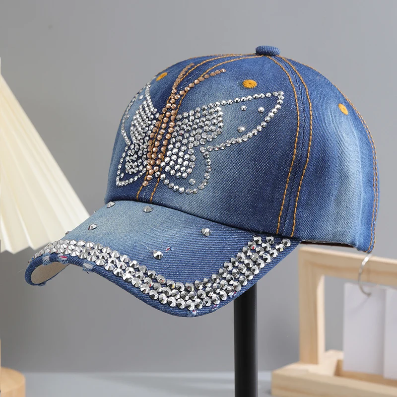 Color: DEEP BLUE, Size: Adjustable - A Women?™s Sparkle Bling Rhinestone Bejeweled Cotton Denim Baseball Cap
