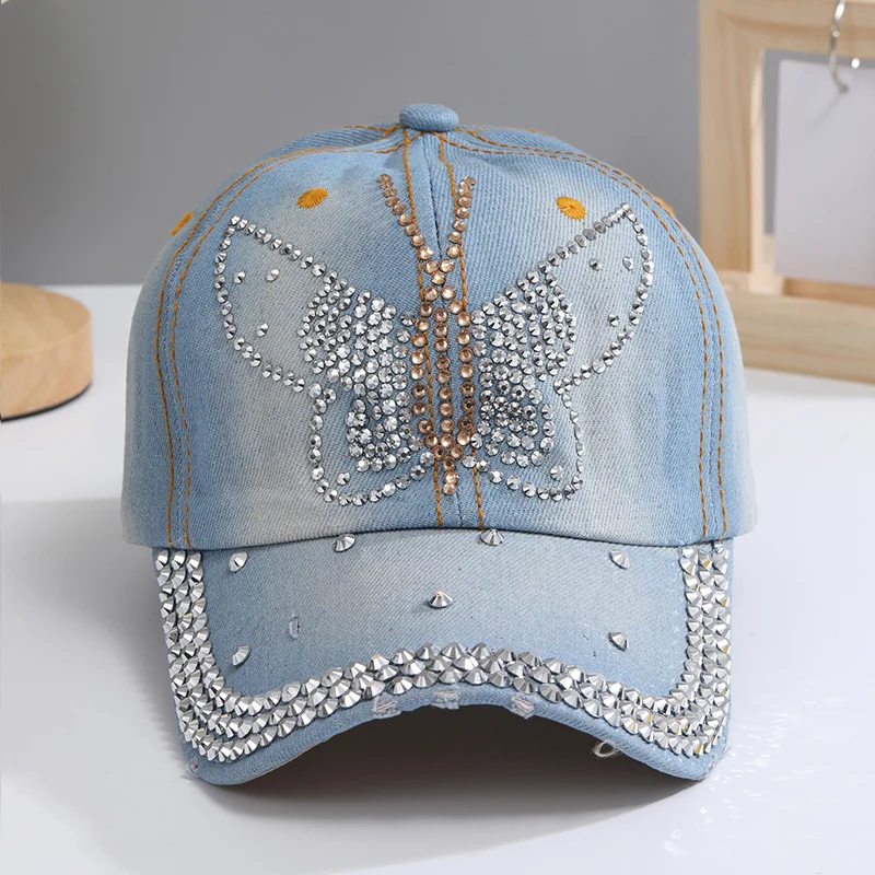 Color: DEEP BLUE, Size: Adjustable - A Women?™s Sparkle Bling Rhinestone Bejeweled Cotton Denim Baseball Cap