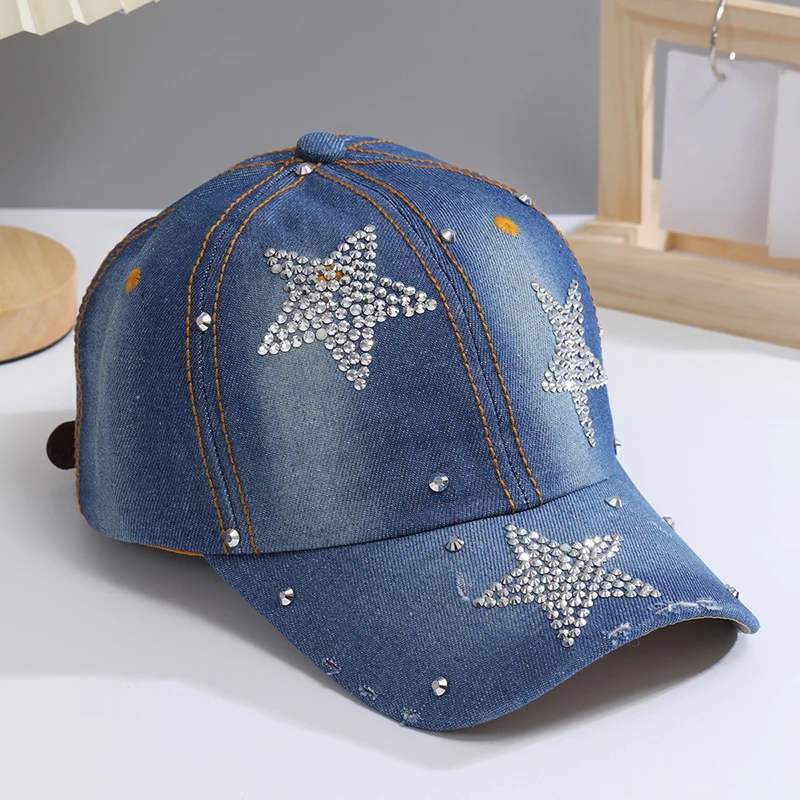 Color: DEEP BLUE, Size: Adjustable - A Women?™s Sparkle Bling Rhinestone Bejeweled Cotton Denim Baseball Cap