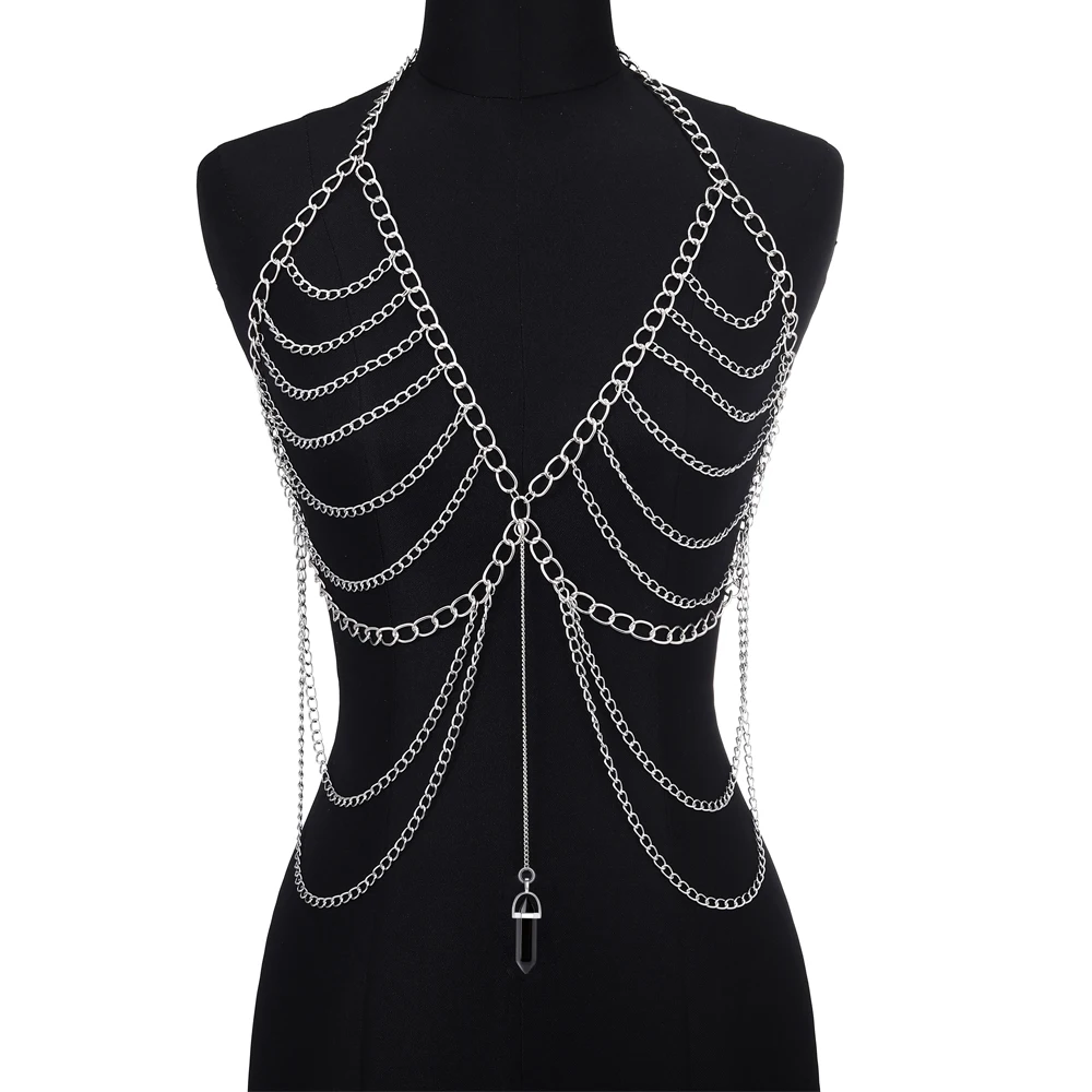 Metal color: Antique Gold Plated - Body Chain For Women Quartz Crystal Stone Chain Bra Metal Body Harness Top Sexy Accessories Jewelry