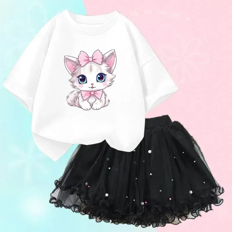 Kid Size: 14T, Color: Beige - Cute Summer Girls Outfits Cartoon Cat T-shirt and Tutu Skirt 2pc/Set Girl Princess Clothes Suit Children Birthday Clothing