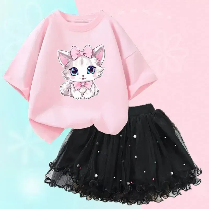 Kid Size: 14T, Color: Beige - Cute Summer Girls Outfits Cartoon Cat T-shirt and Tutu Skirt 2pc/Set Girl Princess Clothes Suit Children Birthday Clothing