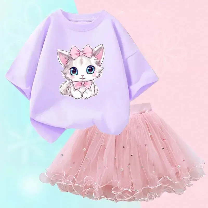 Kid Size: 14T, Color: Beige - Cute Summer Girls Outfits Cartoon Cat T-shirt and Tutu Skirt 2pc/Set Girl Princess Clothes Suit Children Birthday Clothing