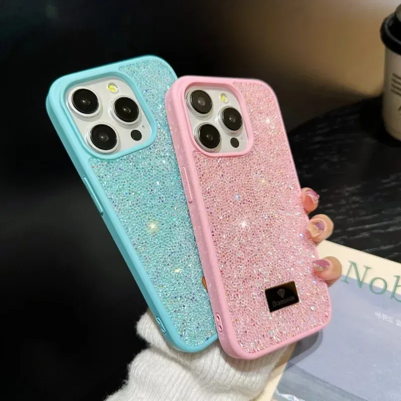 Material: Plastic, Color: black - Luxury INS Dazzling Full Covered Zircon Macaroon Color Phone Case for iPhone 16 15 14 11 12 13 Pro Max Plus Back Cover