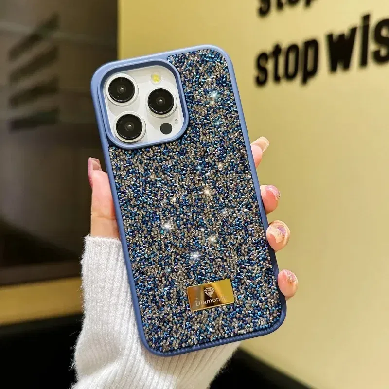 Material: Plastic, Color: black - Luxury INS Dazzling Full Covered Zircon Macaroon Color Phone Case for iPhone 16 15 14 11 12 13 Pro Max Plus Back Cover