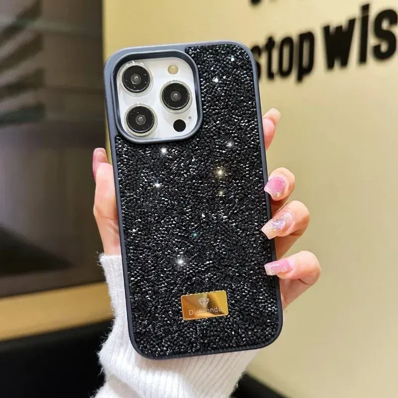 Material: Plastic, Color: black - Luxury INS Dazzling Full Covered Zircon Macaroon Color Phone Case for iPhone 16 15 14 11 12 13 Pro Max Plus Back Cover